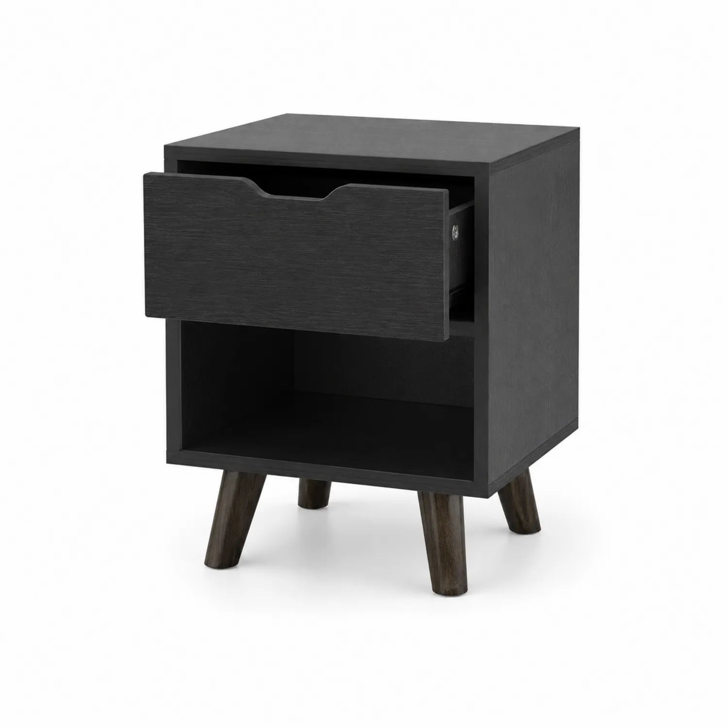 Schwarzer MDF-Nachttisch mit Massivholzbeinen und Schublade