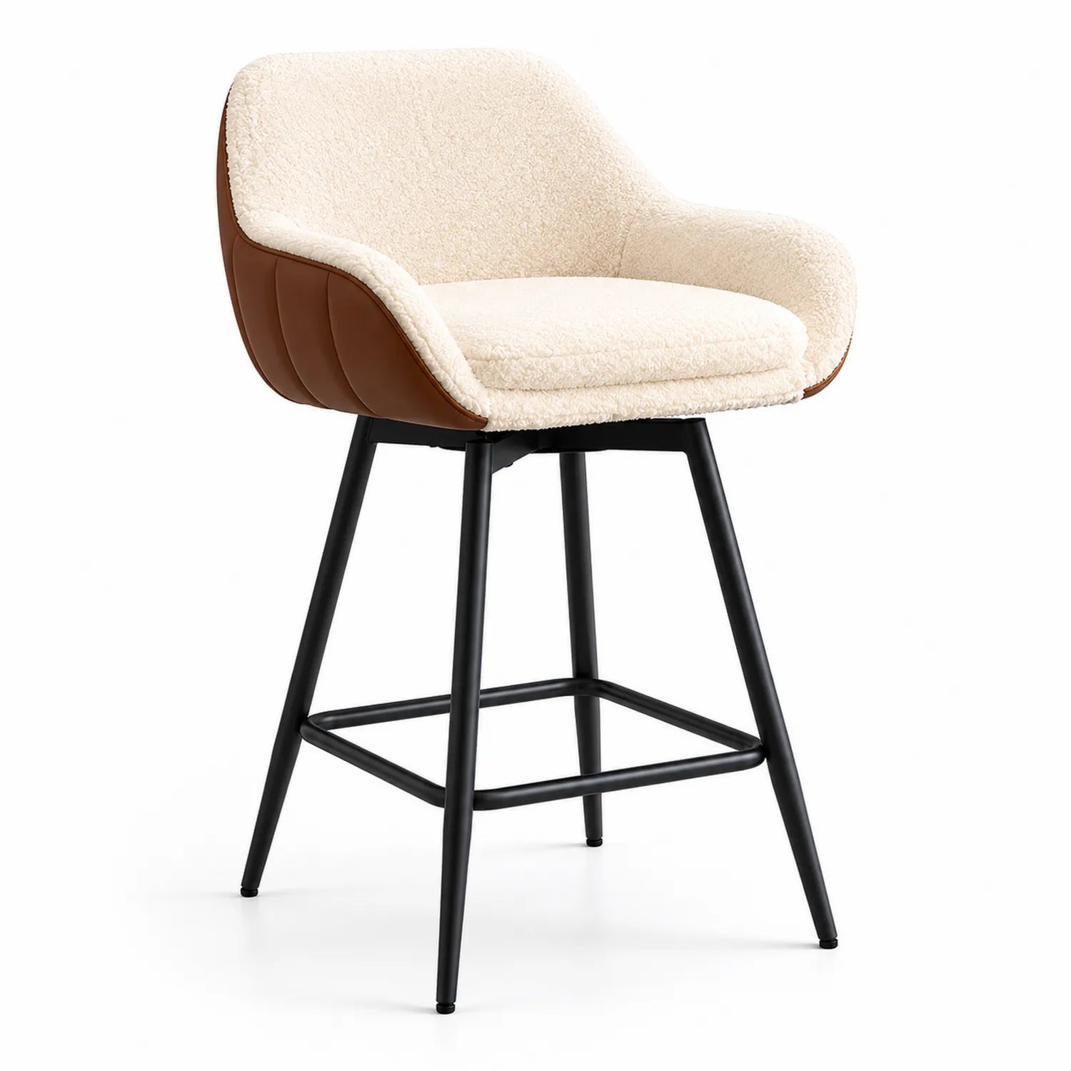 Barhocker mit Armlehnen Beige/Braun Bouclé Stoff und Kunstleder Stahlgestell