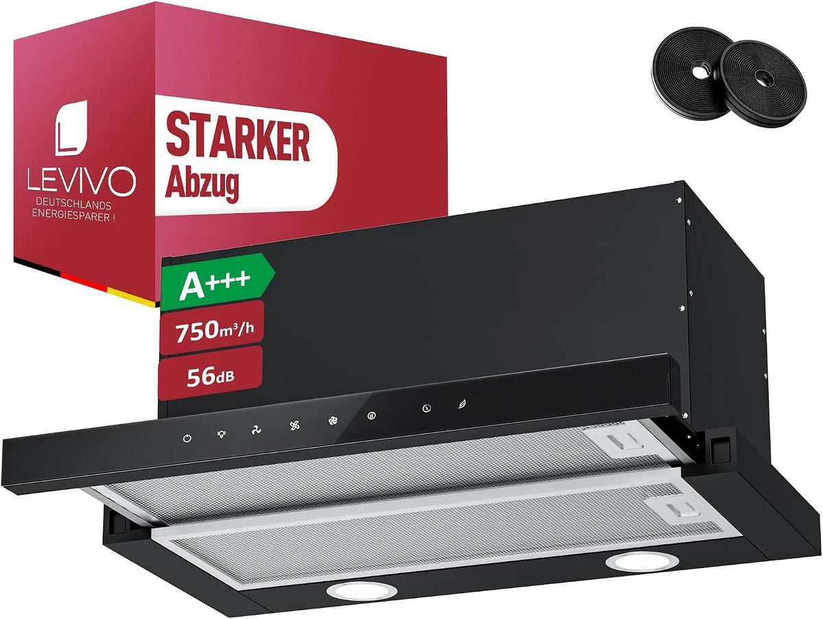 Dunstabzugshaube LEVIVO A+++, 60cm Unterbau Umluft & Abluft mit 750 m³/h, Abzugshaube Ausziehbar 60 cm, 2 Fettfiltern, 3 Stufen, LED-Licht