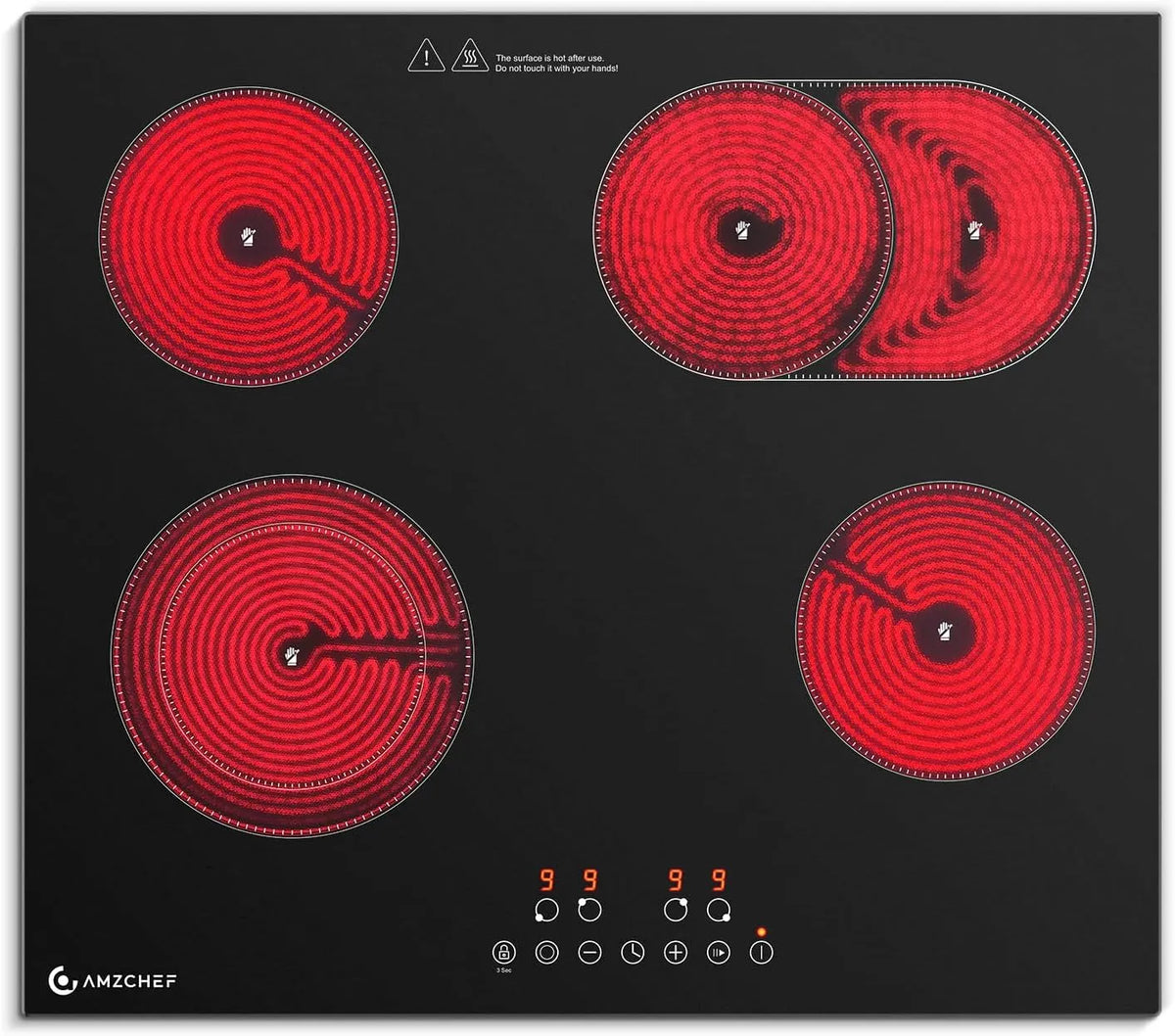 Kochfeld, AMZCHEF Glaskeramikkochfeld 4 Platten 7200W, Herdplatte 4 Kochfelder 60 cm, Fassungsvermögen 9 Leistungsstufen, Heizpause-Funktion, Dual