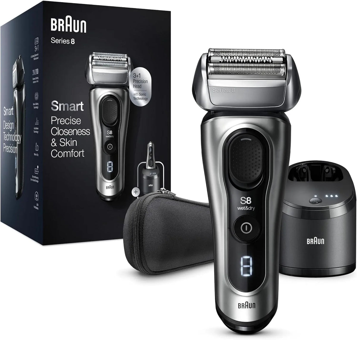 Braun Series 8 Rasierer Herren mit 3+1 Scherkopf, 40°-Kopf, Elektrorasierer & Trimmer, Konturenanpassung, Wet & Dry, 8467cc, Sonic-Technologie, silber
