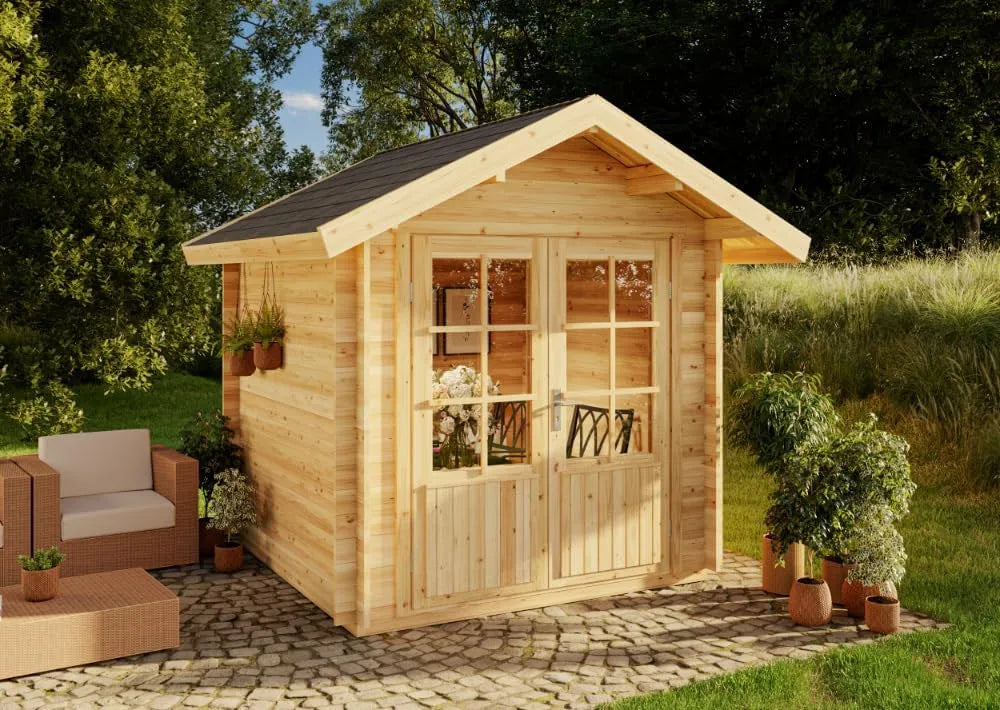 Gartenhaus, Holzhaus mit 28 mm Wandstärke, Palma aus Holz in Pinie, Blockbohlenhaus mit Montagematerial