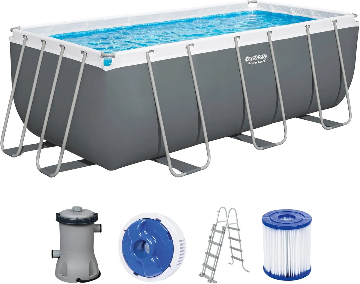 Bestway Pool, Power Steel Frame Set mit Filterpumpe 412 x 201 x 122 cm, eckig, Farbe Grau