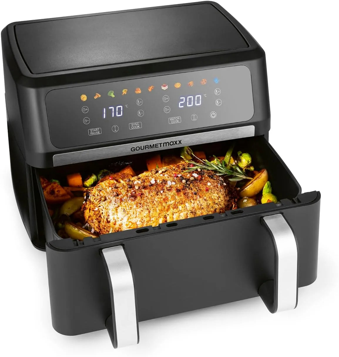 Heißluftfritteuse GOURMETmaxx AirGenius, Fassungsvermögen 10 L, Fritteuse mit 10 Programmen & Touchscreen, 2 Speisen gleichzeitig, für max. 8 Personen