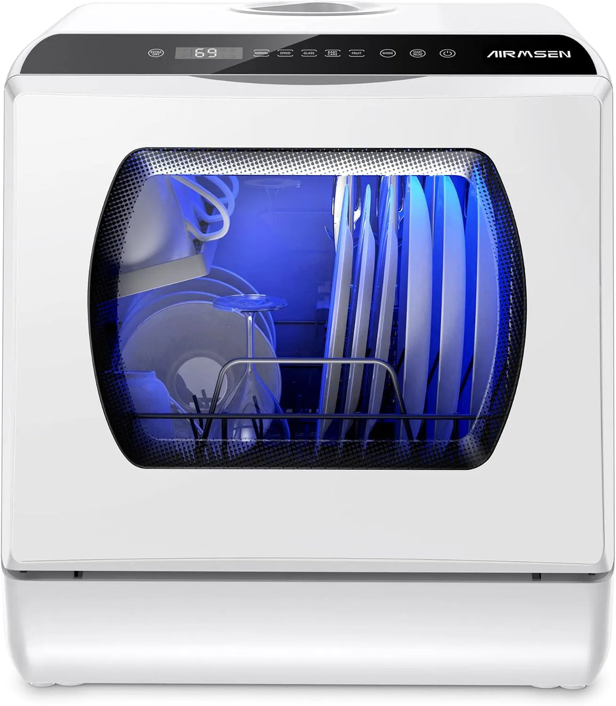Geschirrspüler AIRMSEN Mini, Tischgeschirrspüler mit 5+1 Betriebsprogramme 5L Wassertank, 2 Wege Wasserversorgung, Touch Control & LED-Display, Weiß