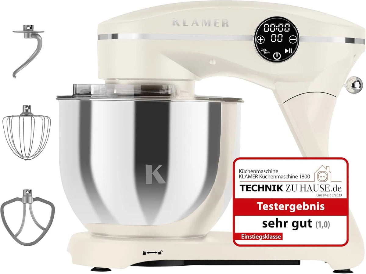 Küchenmaschine KLAMER, Knetmaschine Brotteig mit Edelstahl-Rührschüssel 6 L, Planetenrührwerk, Knethaken, creme, Leistung 1800W, 10 Stufen mit Timer