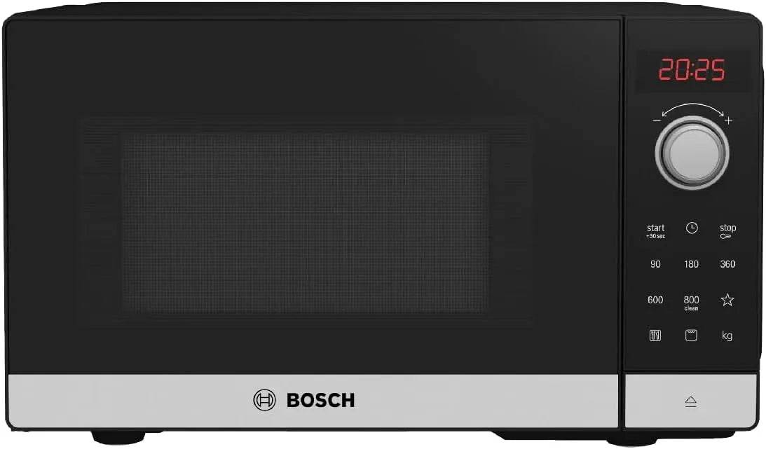 Bosch Mikrowelle FEL023MS2, Maße 26 x 44 cm, Drehteller 27 cm, Quarzgrill, Reinigungsunterstützung, Edelstahl, Serie 2, Leistung 800 W, Timer