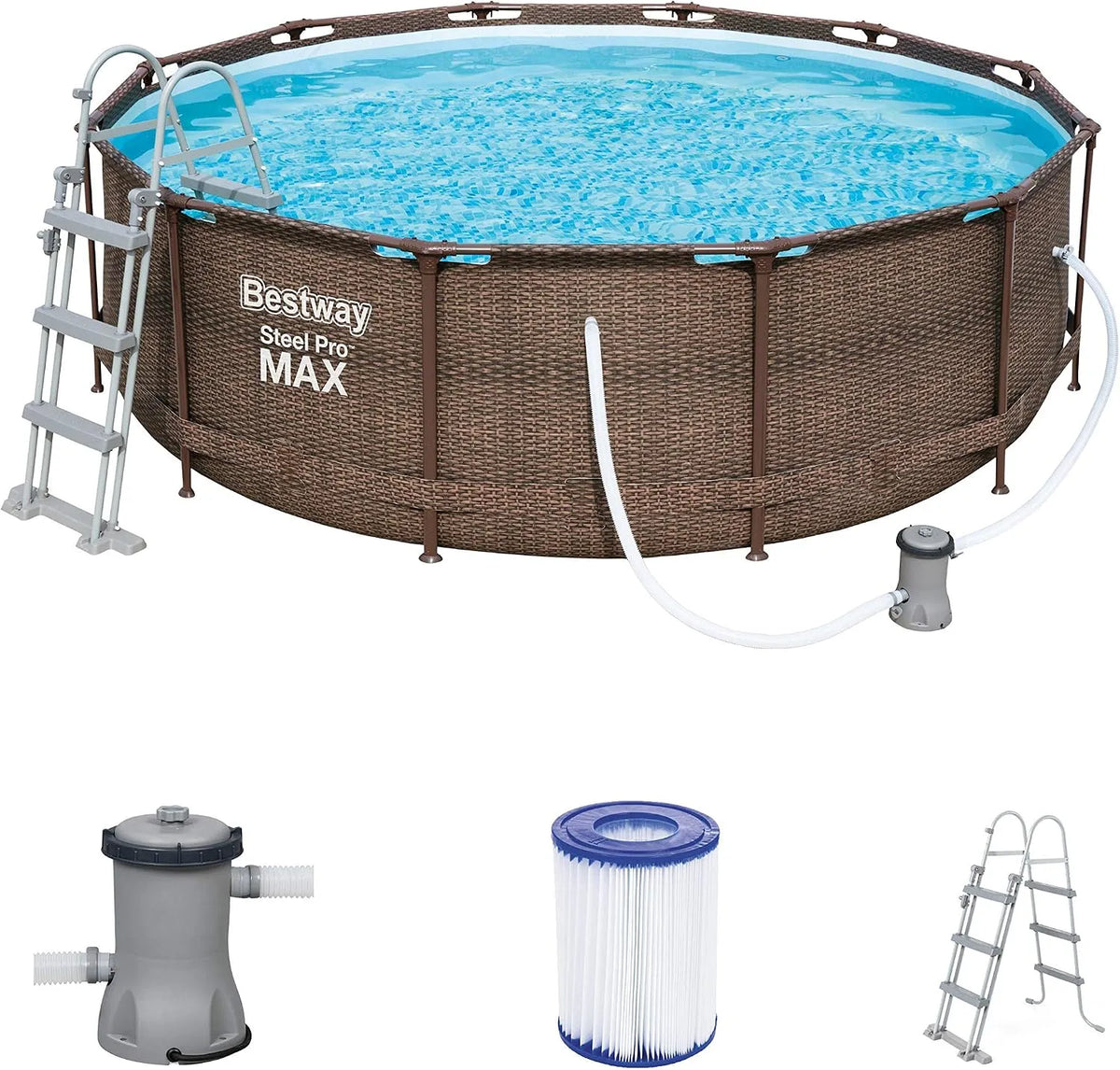 Bestway Pool, mit Filterpumpe & Sicherheitsleiter 366 x 100 cm, Steel Pro Max Framepool-Set, rund