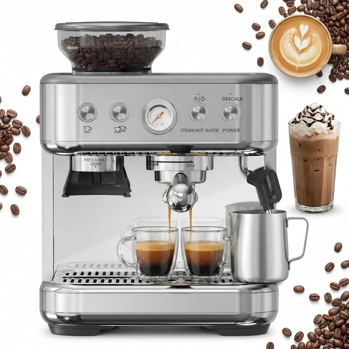 Espresso-Siebträgermaschine, Mit Mahlwerk & 15 Bar Druck, Kaffeemaschine Mit Barista-Kit, Espressomaschine Mit 15 Mahlgraden, Leistung 1350W, PID
