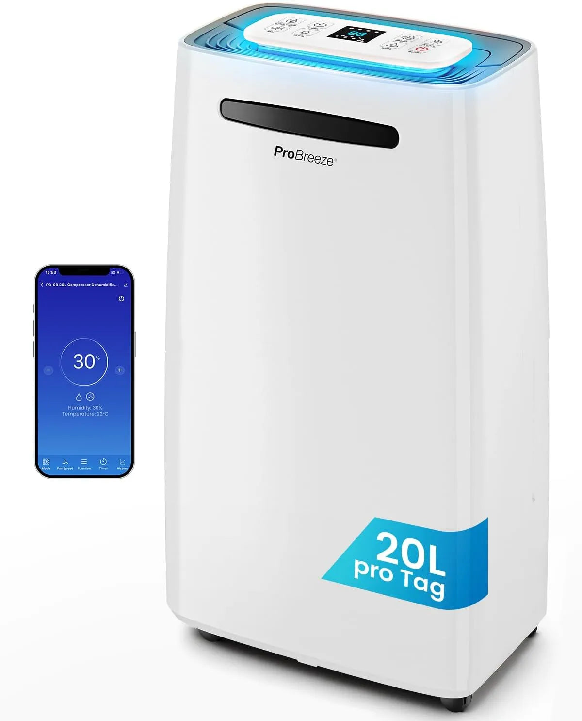 Luftentfeuchter 24h-Timer, Pro Breeze 20L, 20L/Tag, Fassungsvermögen 20L, smarter elektrisch, Ideal gegen Feuchtigkeit und Kondensation