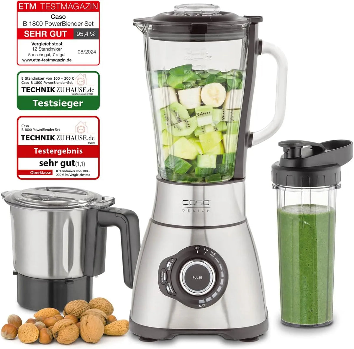 Caso Standmixer 1800, Glasbehälter 1,75 L, 28.000 U, B PowerBlender-Set, min, inklusive. Trinkflasche und Zerkleiner, Mixer Testsieger mit sehr gut