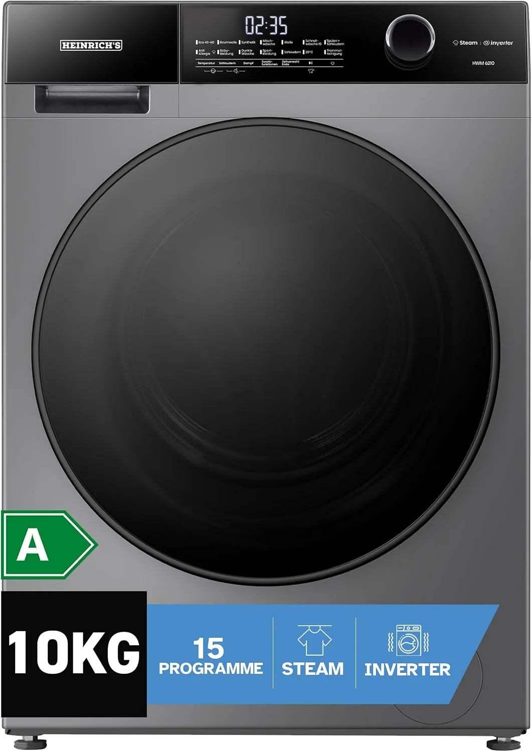 Waschmaschine 1400 Heinrich´s, 15 Betriebsprogramme, langlebiger und leiser Inverter-Motor, Aqua-Stop, Endzeitvorwahl, Titan-Farbe Grau, min.