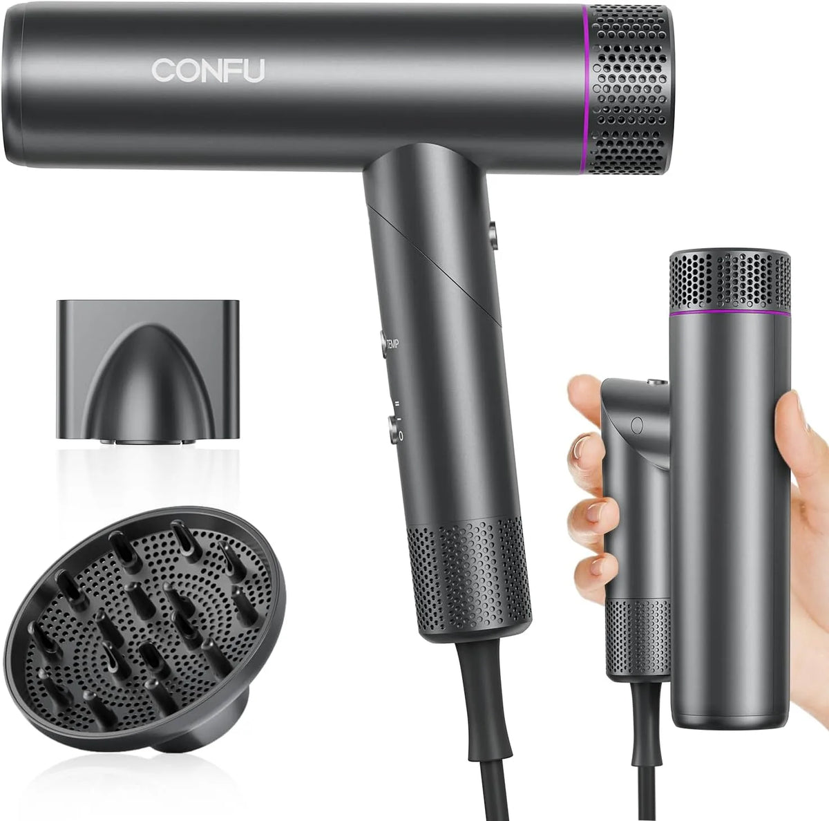CONFU Fön, für Hause Salon und Reisen, Ionen Föhn Professioneller Salon Haartrockner 1700W Leicht und Faltbar Wenig Lärm