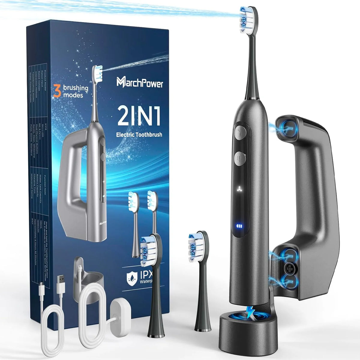 Marchpower 3-in-1 Elektrische Zahnbürste mit Munddusche IPX7, 3+4 Modi, Kombigerät 2 Bürstenköpfe, Vibration & Wasserflosser, Oszillation, Spacegrau