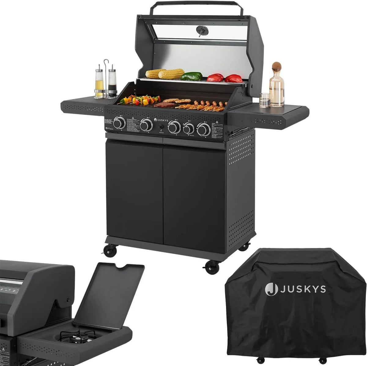 Gasgrill Juskys BBQ, XXL Stahl Gas Grill mit Gusseisen Grillrost, 4 Brenner und 1 Seitenbrenner, Savannah, Unterschrank für Gasflasche, Kochfeld