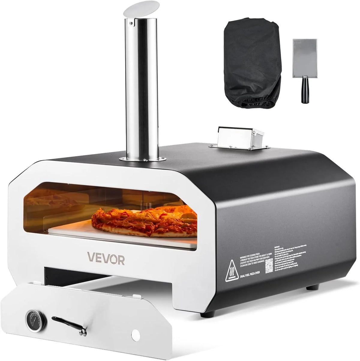 Vevor 406, 406 mm großer Doppelbrennstoff-Pizzaofen aus Holz und Propangas-Pizzamaschine VEVOR 406, mit Thermometer, tragbarer Eisen-Dpray