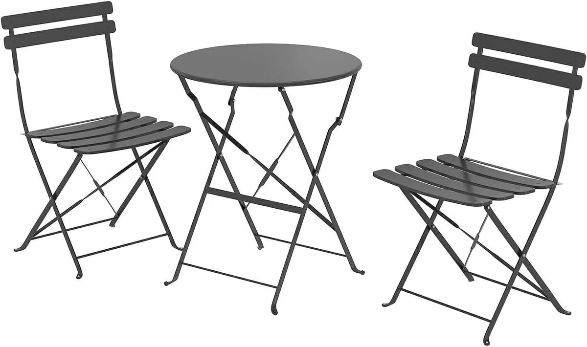 Modell 3-teiliges schwarzes Metall-Terrassentisch und Stühle 2er-Set, zusammenklappbar, Bistro-Set mit Pads, rostfrei, keine Montage, platzsparend