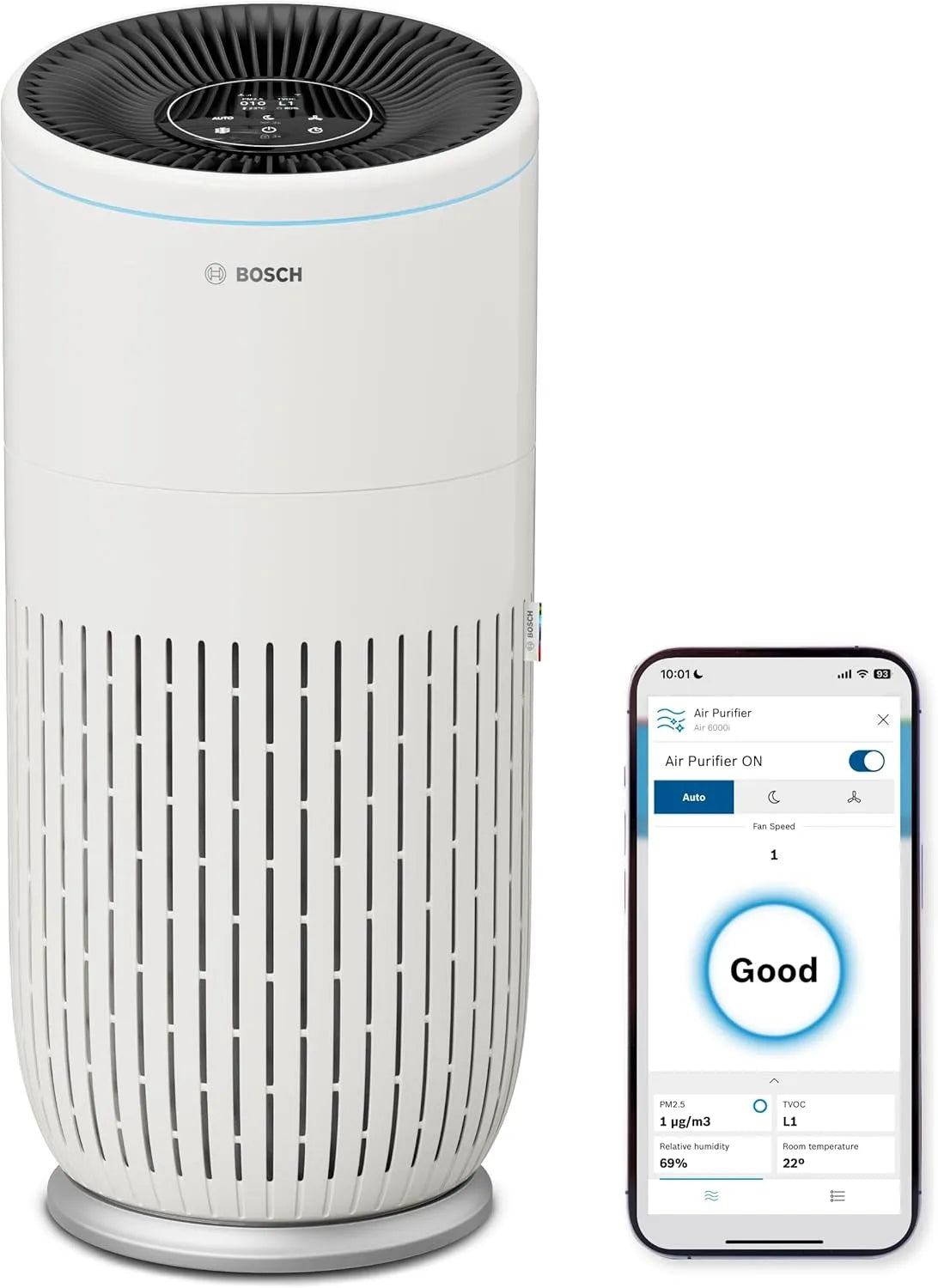 Bosch Luftreiniger 6000i, < 25 dB, Für Räume bis zu 125 m², Mit 4-in-1 Luftfilter, CADR: 600 m³/h, Air App-gesteuerter, Smart Sensor, Automatikmods