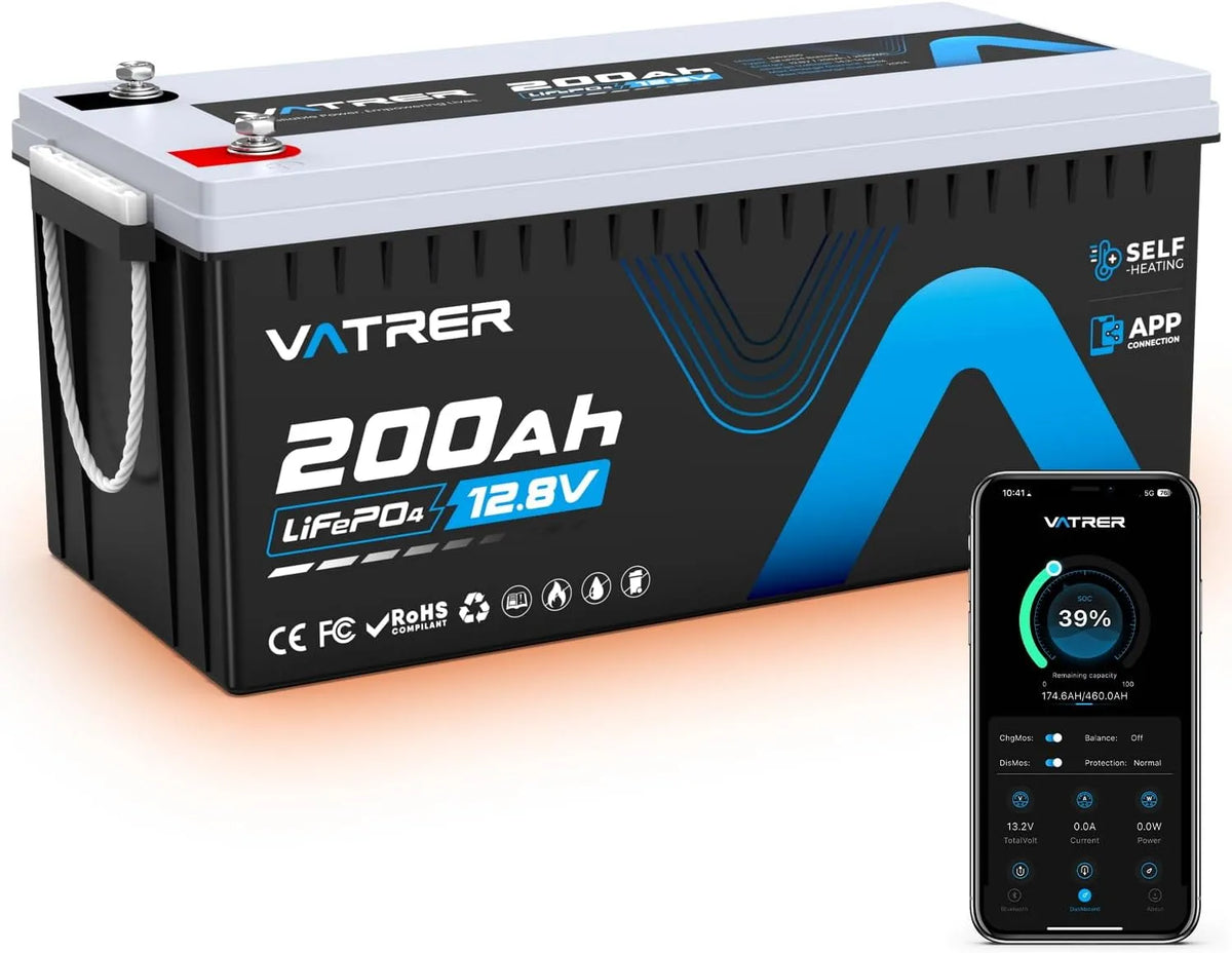 Modell 200Ah Selbstaufheizende RV- & Wohnmobil-Batterie LiFePO4 2560 5000 VATRER POWER, APP-Überwachung, integriertes 200A BMS, über Zyklen