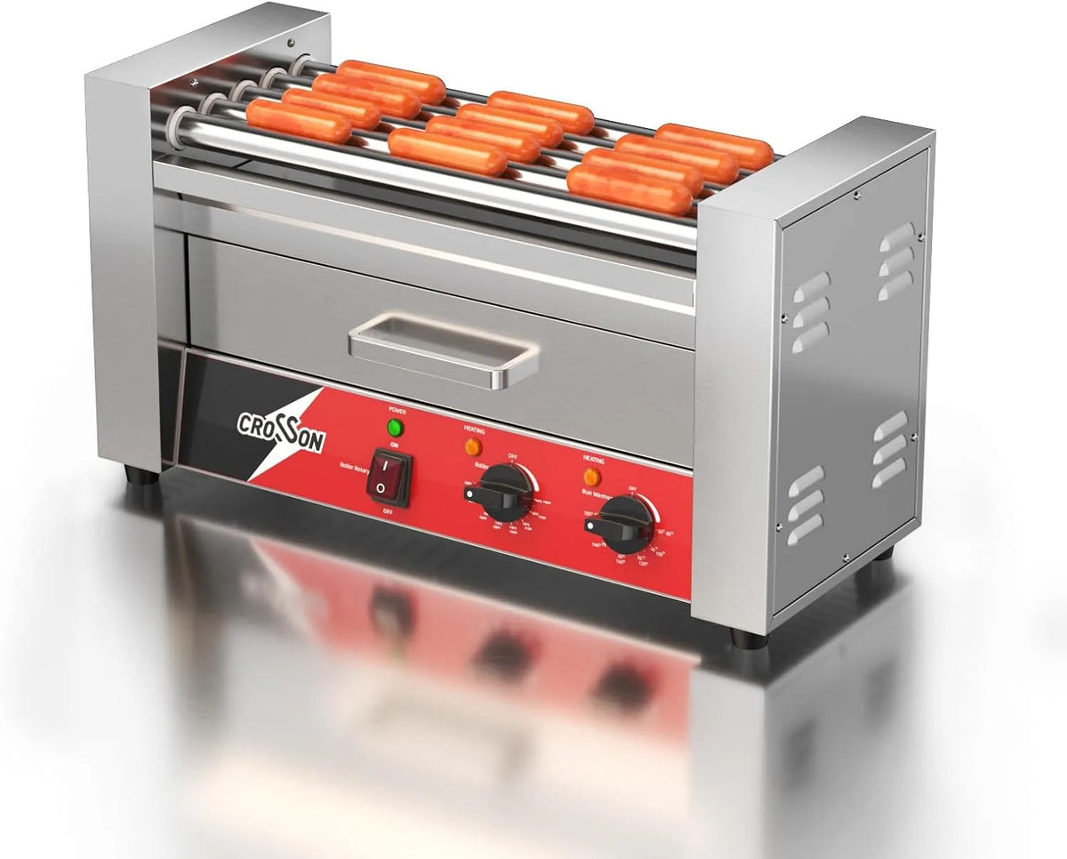 Grill, Haushalt und Gewerbe,1050W, mit Brötchenwärmer,12 Hotdogs Machine Elektrogrill, CROSSON Hot Dog Maschinen 5 Rollen