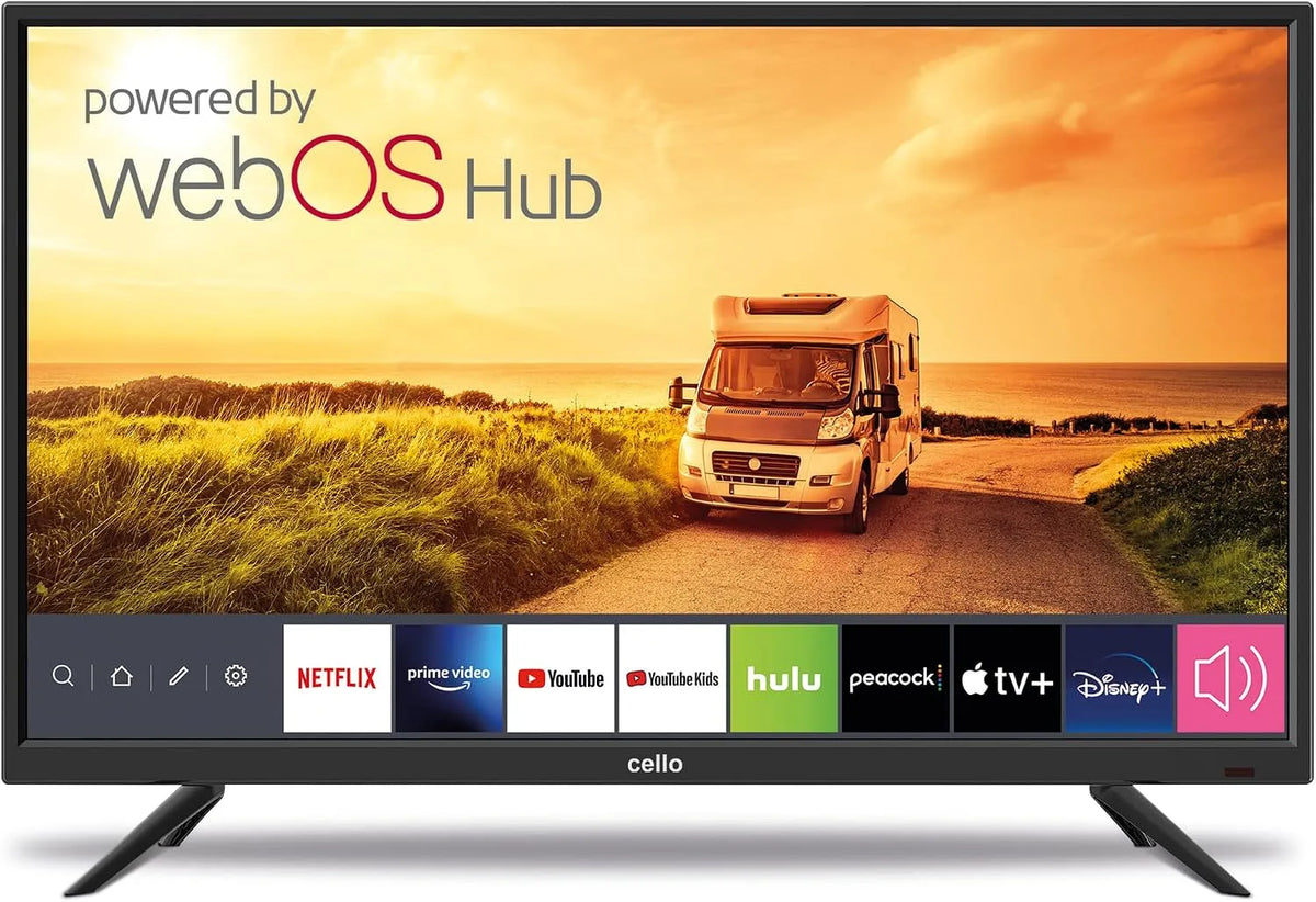 Cello 12 Volt 32 Zoll Traveller Smart TV, hergestellt in Großbritannien Ultraschnelles WebOS, Bluetooth, Netflix, Prime Video, YouTube, Wohnwagen
