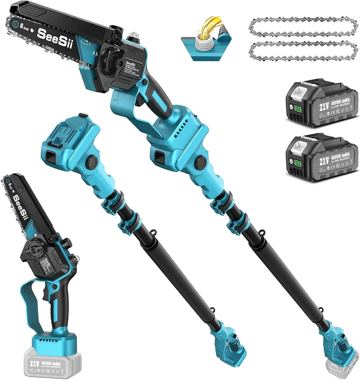 SEESII 2-in-1 Kabelloser Teleskop Astsäge & Mini Mettensäge, Kettenastsäge mit Akkuantrieb und 2×4000mAh Akkus, Geeignet für den Baumpflege