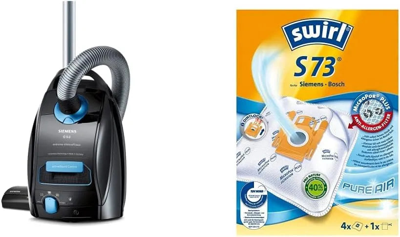 Siemens Staubsauger Q5.0 VSQ5X1230, Leistung 850 W, in Schwarz & Swirl S 73 MicroPor Plus Staubsaugerbeutel, 4 Stück inklusive. Filter
