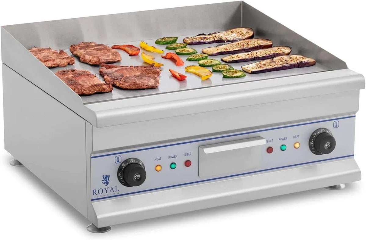 Grill, Maße 60 x 52 x 28 cm, Elektrogrill Tischgrill Grillplatte Gastrogrill Edelstahl, Spritzschutz, Royal Catering, 2 x 3200 W, bis 300 °C, Glatt