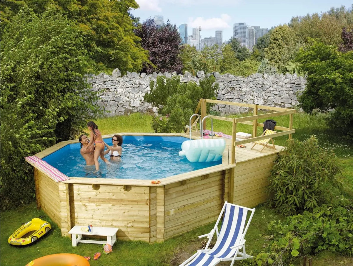 Pool, Achteck Massiv Holzpool 428 x 428 x 124 cm Modell 2C, Set inklusive. Sonnenterrasse 96 x 199 cm, Zubehör und Leitern