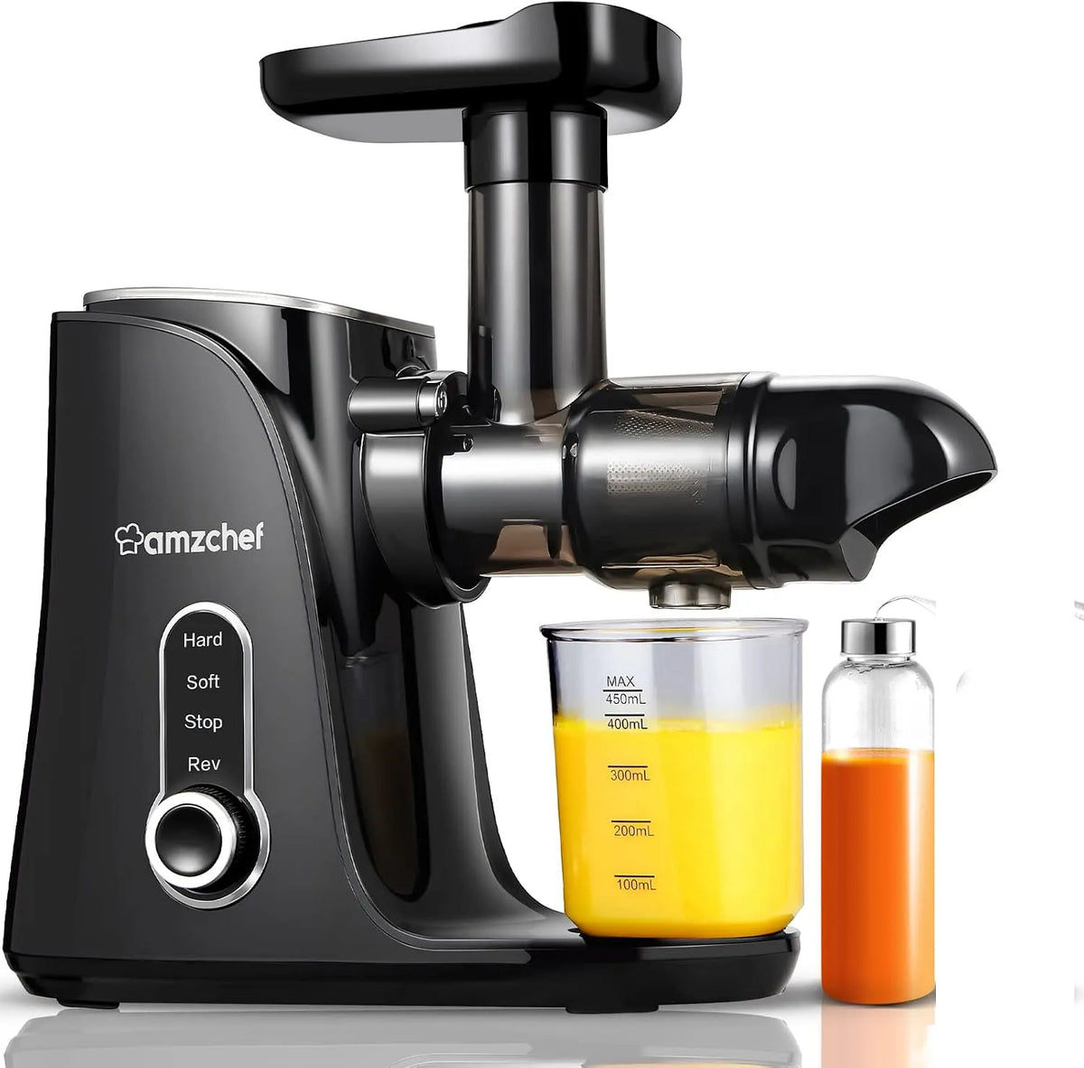 Entsafter AMZCHEF, Gemüse und Obst mit 2 Geschwindigkeitsmodi, Slow Juicer mit tragbar Flasche und 2 Tassen, in Schwarz