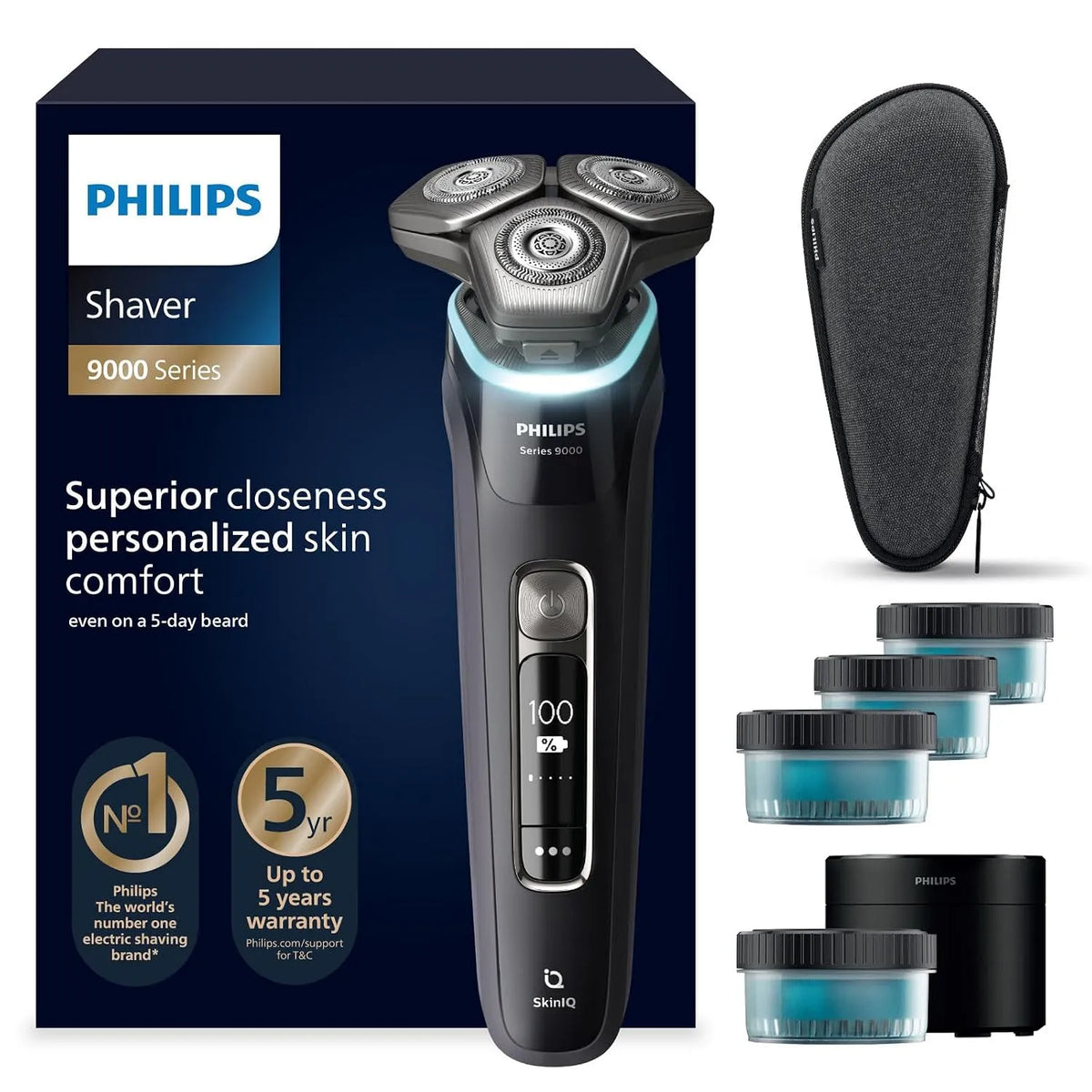 Philips Modell, Shaver S9000 S9976/63, Elektrischer Nass-& Trockenrasierer für Männer, SkinIQ Technologie, Reinigungsstation, in Schwarz