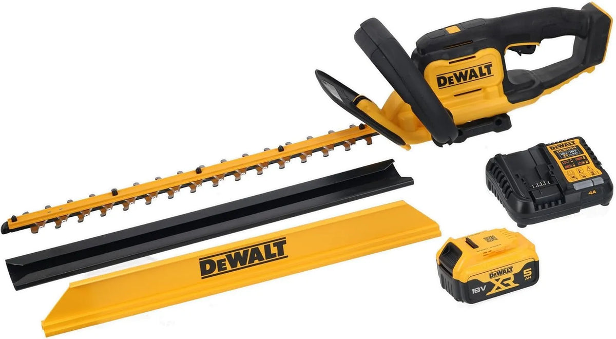 DeWalt Heckenschere 2-Hand-Sicherungsschaltung DCMHT564P1-QW, 55 cm Schwertlänge, inklusive. 5Ah Akku & Ladegerät, großer Handschutz