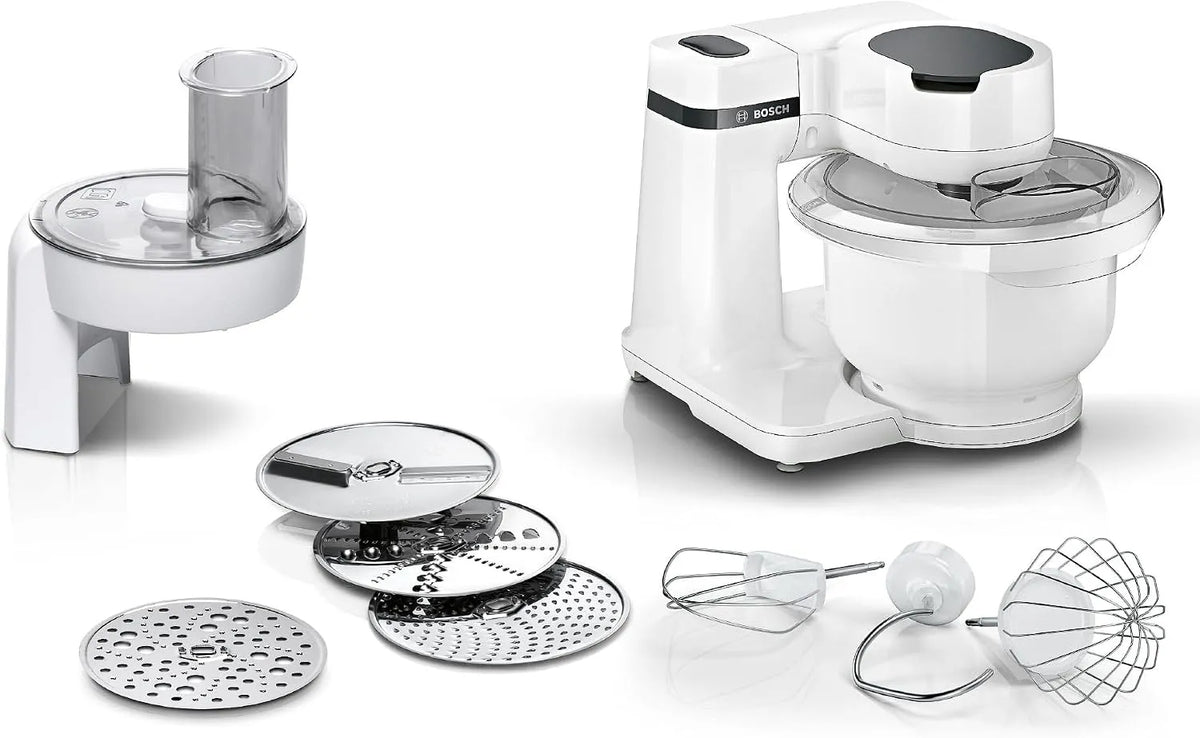 Bosch Küchenmaschine MUMS2AW01, Serie 2, kleine, Leistung 700 W, Fassungsvermögen 3,8l Kunststoff-Schüssel, 4 Scheiben, 4 Stufen, Durchlaufschnitzler