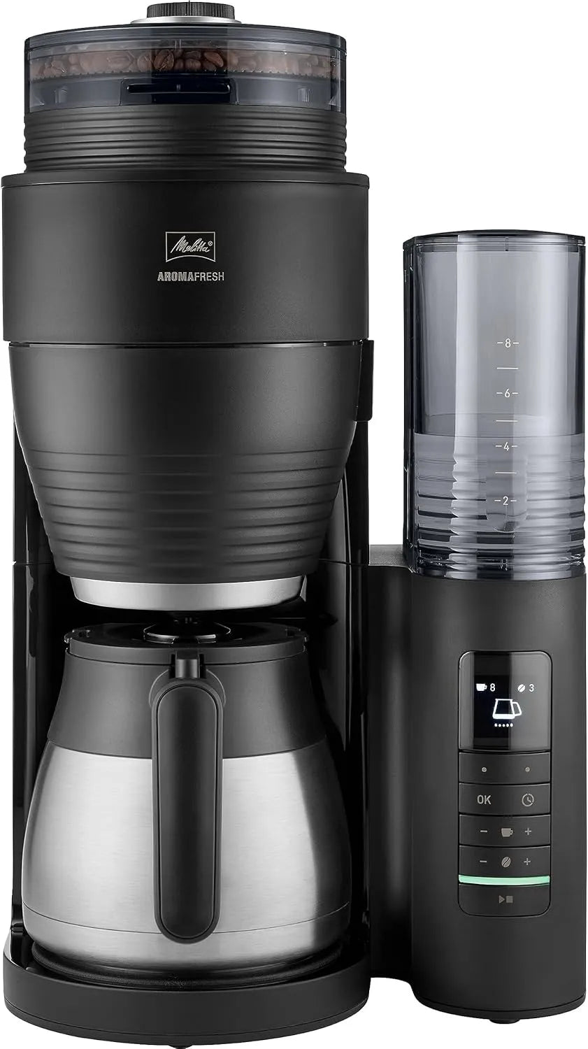 Melitta Kaffeemaschine, für bis zu 8 Tassen Kaffee, Filterkaffeemaschine mit integriertem Mahlwerk, in Schwarz, AromaFresh Therm Pro X, silber