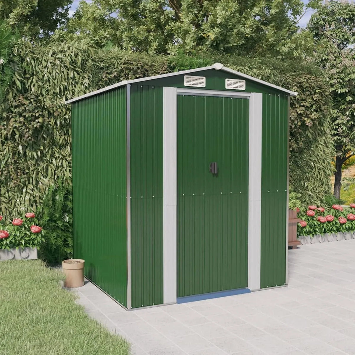 Geräteschuppen, Grün 192x191x223 cm Verzinkter Stahl, Fahrrad Unterstand, Gerätehaus, Fahrradgarage, Gartenhütte, Gartenhäuschen