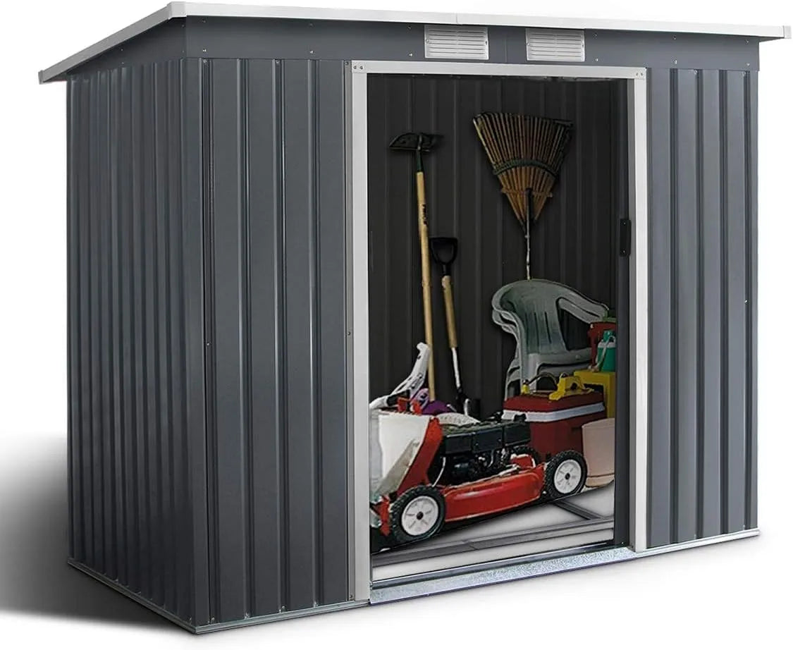 Goplus Gerätehaus m²/4, Metall 213 x 130 x 173cm, 2,37 m², 4,1 m³, Geräteschuppen mit Schiebetüren & Fenster & Fundament, Geräteschuppen Modell m²