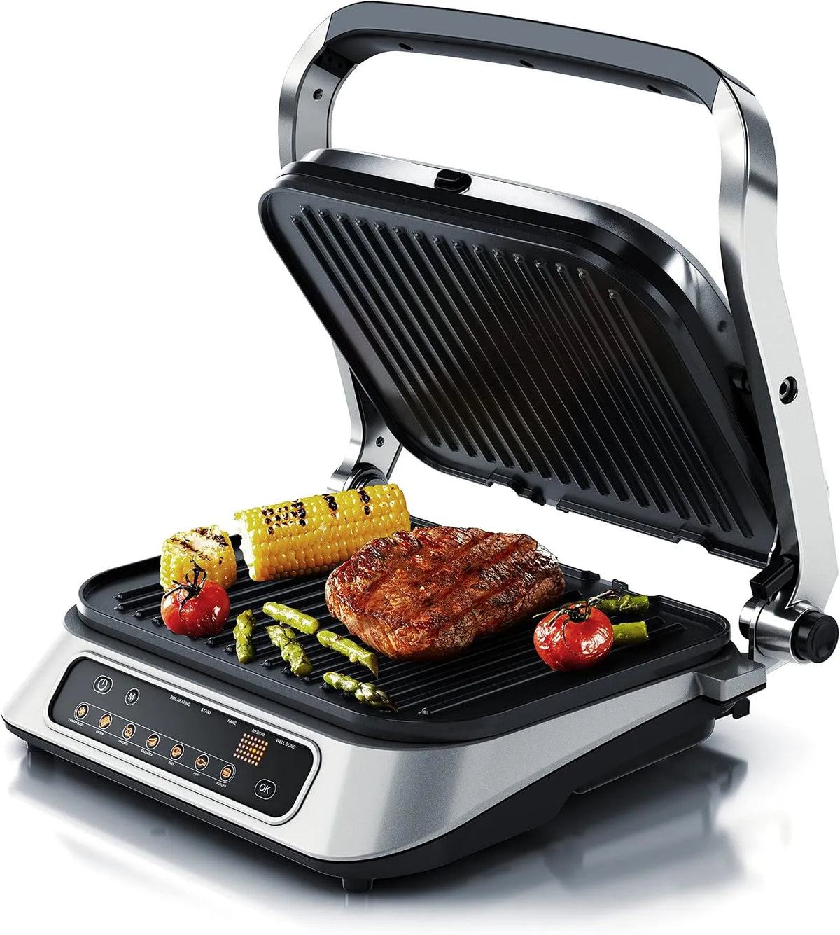 Grill, Multi mit Digitalsteuerung 1900 W, 7 Betriebsprogramme, Arendo, Kontaktgrill Elektrogrill, elektrischer Tischgrill, Sandwichmaker, Edelstahl