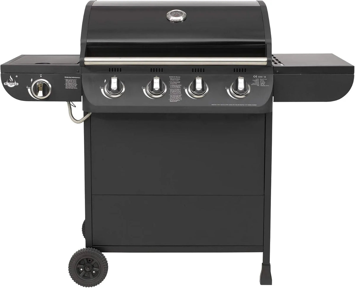 Gasgrill AY 563, inklusive. Seitenbrenner, Brenner aus Edelstahl, 'COLUMBUS' von El Fuego 4 + 1 Brenner Grill Smoker Grillwagen BBQ, auf Rädern