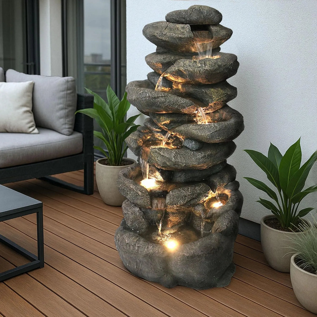 Modell BK902 Großer Gartenbrunnen, mit LED Beleuchtung Felsen Wasserfall Springbrunnen große Gartendeko Steinoptik 100 cm