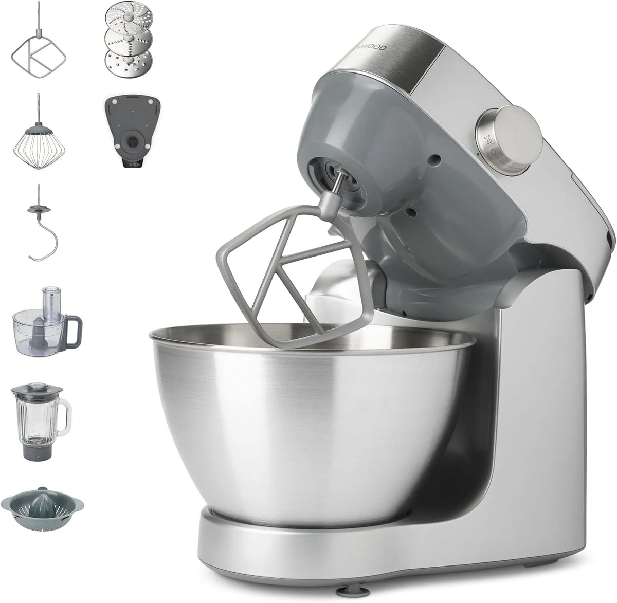 Kenwood Modell KHC29A.O0SI, Schüssel aus Edelstahl 4,3 l, inklusive Zubehör-Set 10 Stück + 3 Haken und Schneebesen, Food Processor 3 Scheiben, silber