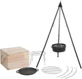 Grill, Dutch Oven Set mit Dreibeinständer, Dutch Oven 5,5 l, BRENNA Schwenkgrill Set, Edelstahl-Grillrost & Untersetzer, Gusseisenpfanne