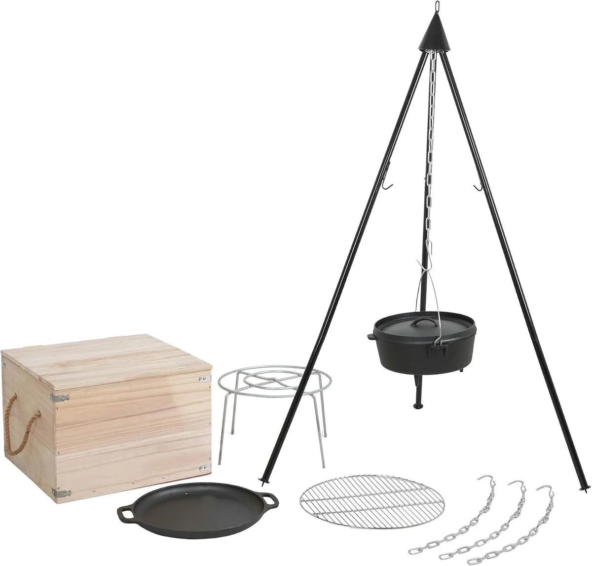 Grill, Dutch Oven Set mit Dreibeinständer, Dutch Oven 5,5 l, BRENNA Schwenkgrill Set, Edelstahl-Grillrost & Untersetzer, Gusseisenpfanne