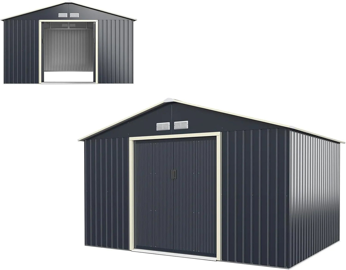 Gerätehaus HOMASIS, Geräteschuppen mit Satteldach & 4 Lüftungsfenster & 2 Schiebetür, Maße 340x255x210cm, Metall, Farbe Grau