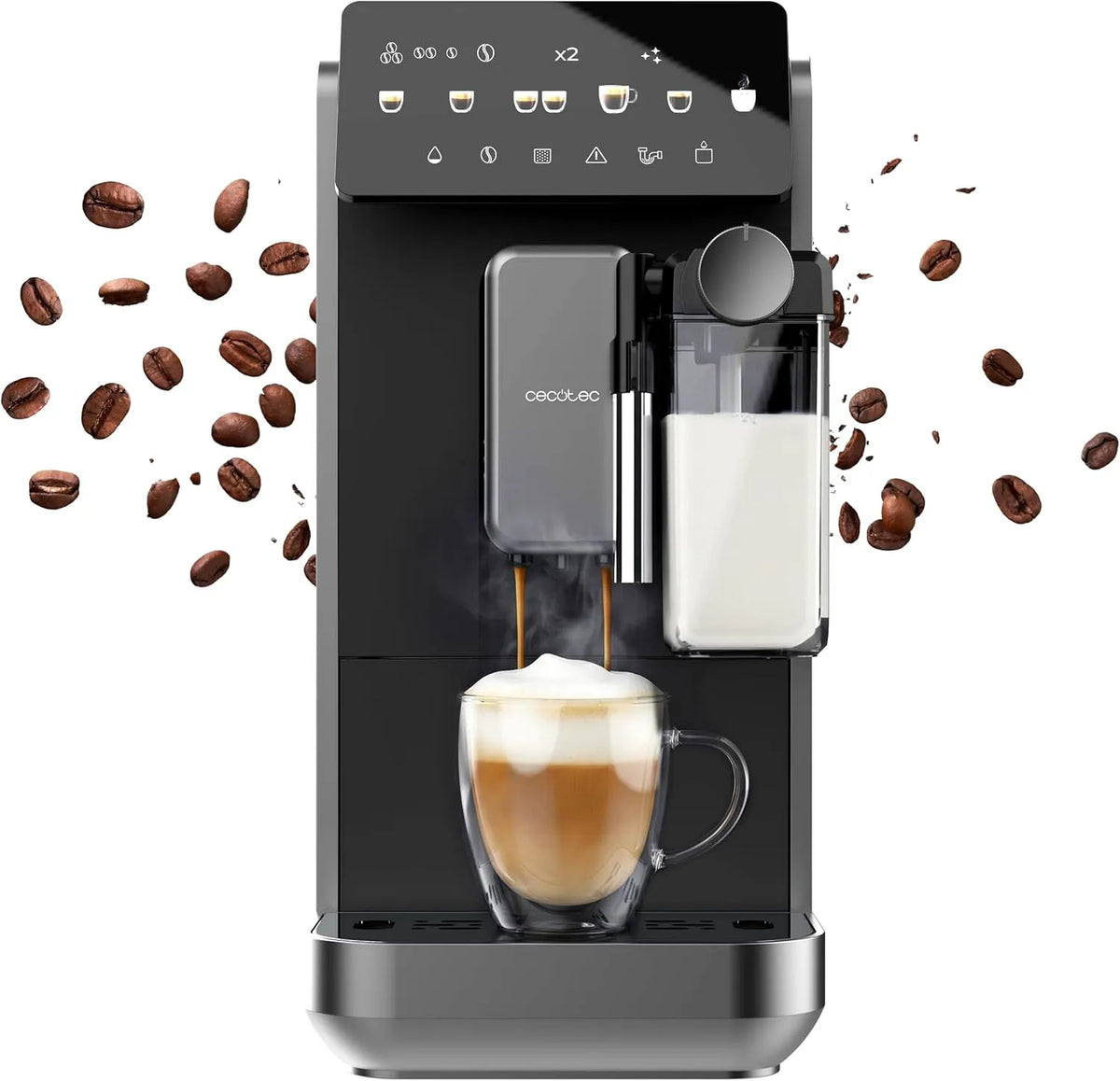 Cecotec Kaffeevollautomat, mit Milchbehälter Cremmaet Lungo Latte Art. 2230W, 19 Bar, 20g Verarbeitungsgruppe, 7 Getränke