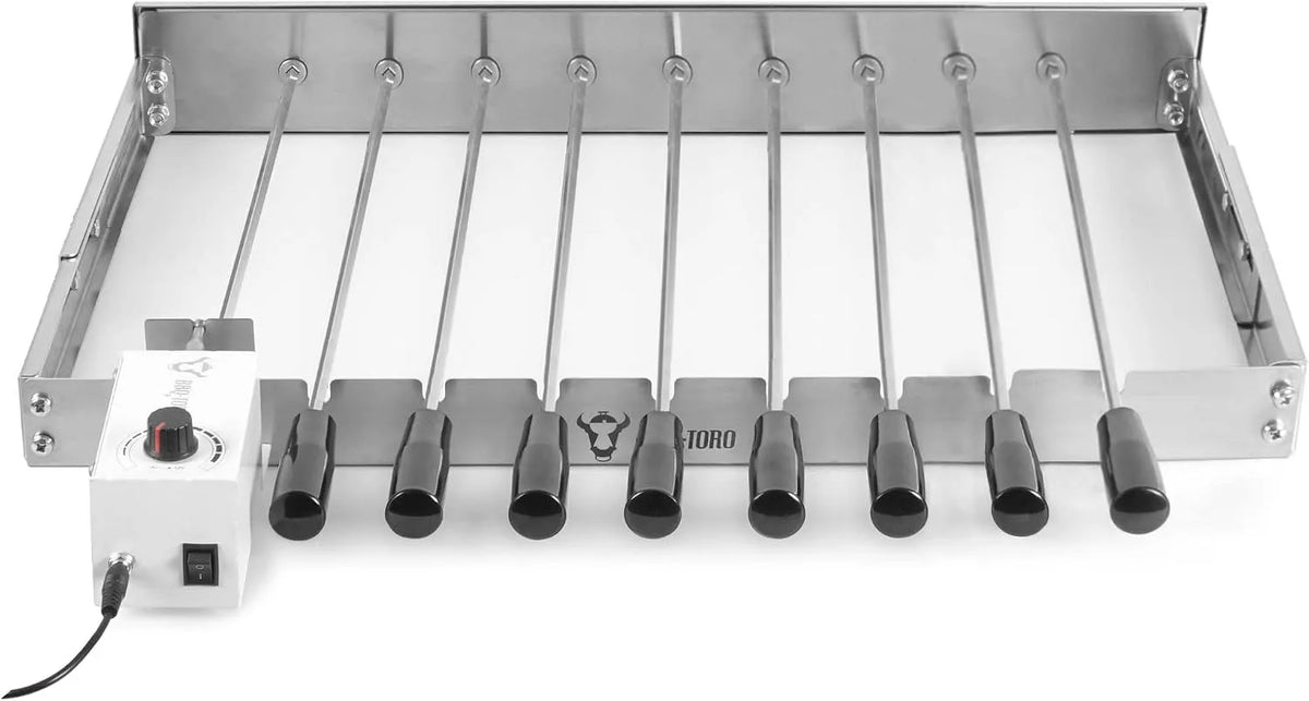 Grill, Edelstahl Drehspieß Aufsatz mit 9 Spießen und Motor, Netzstecker und USB, Grillspieß Drehspieß Rotisserie, Größenverstellbar 56 x 26-40 cm