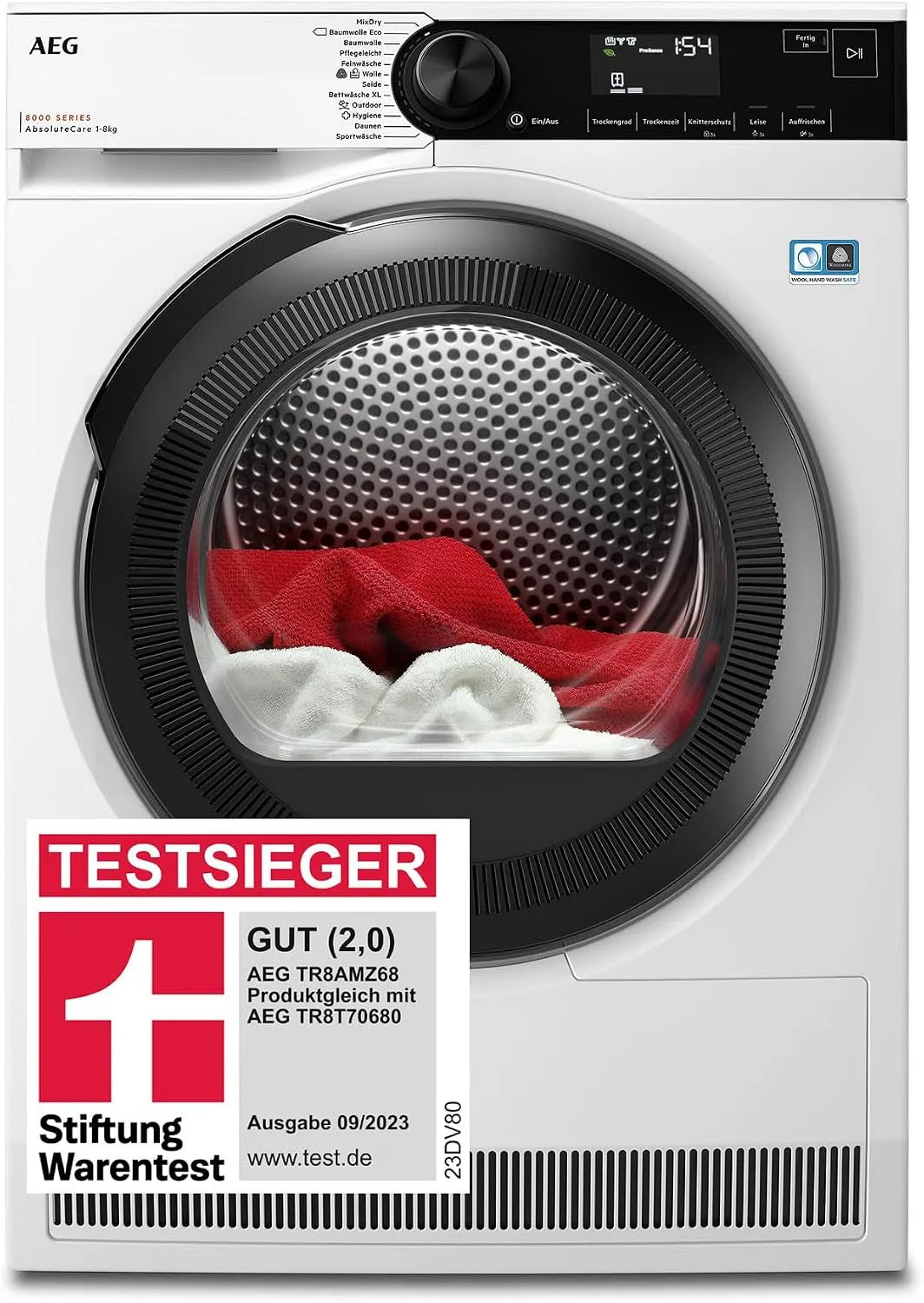 AEG Wärmepumpentrockner 8000 TR8AMZ68, Serie AbsoluteCare, Wolle- und Seidetrocknung, Trommelbeleuchtung, Schontrommel, Gewicht 8 kg, Energiesparend