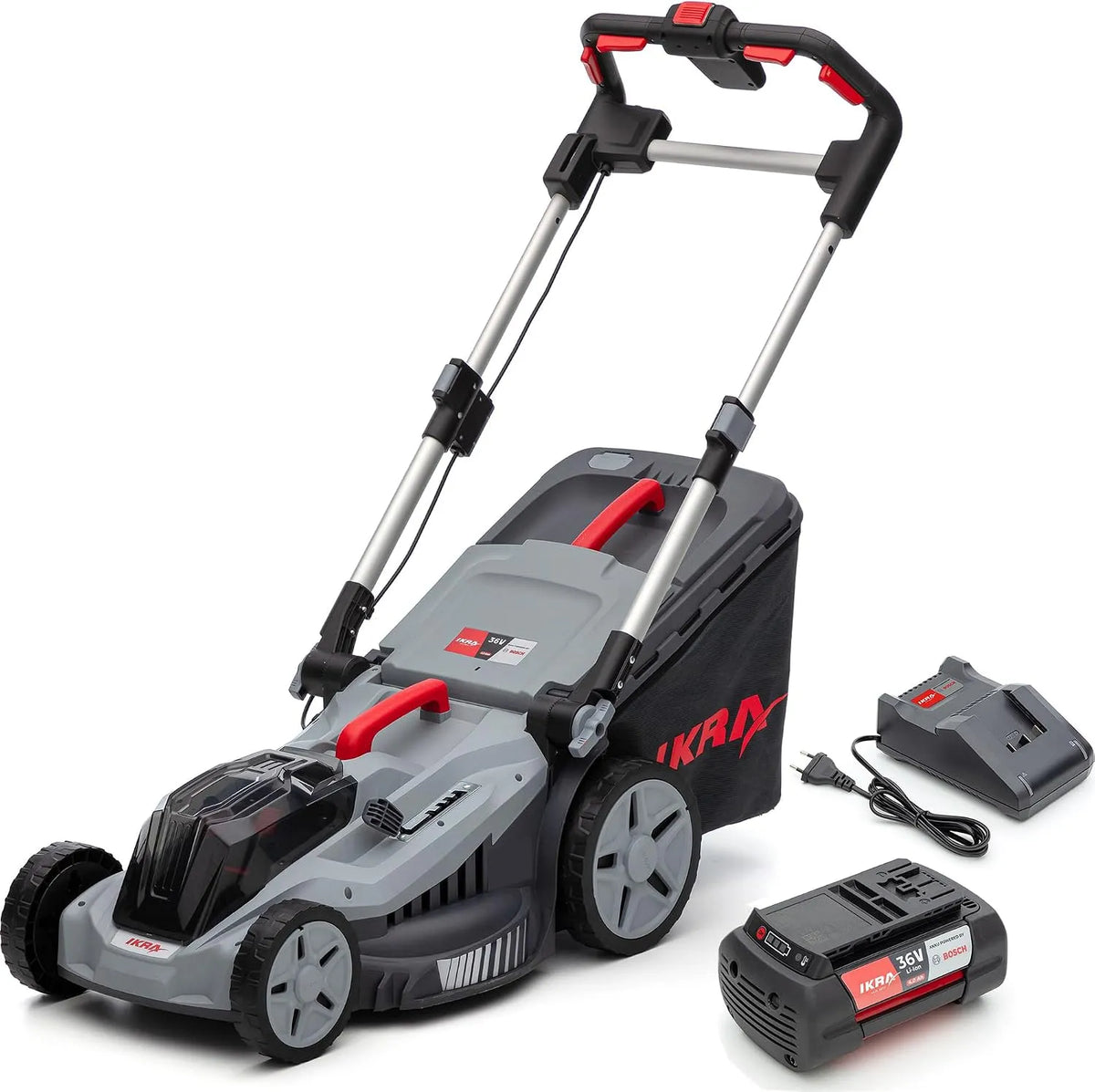 Bosch Rasenmäher 3in1 IB-LM 43 30-75mm, inklusive. Akku 36V 4Ah & Ladegerät, IKRA 36V Mulchmäher, Rasenflächen bis 600m², Schnittbreite 43cm