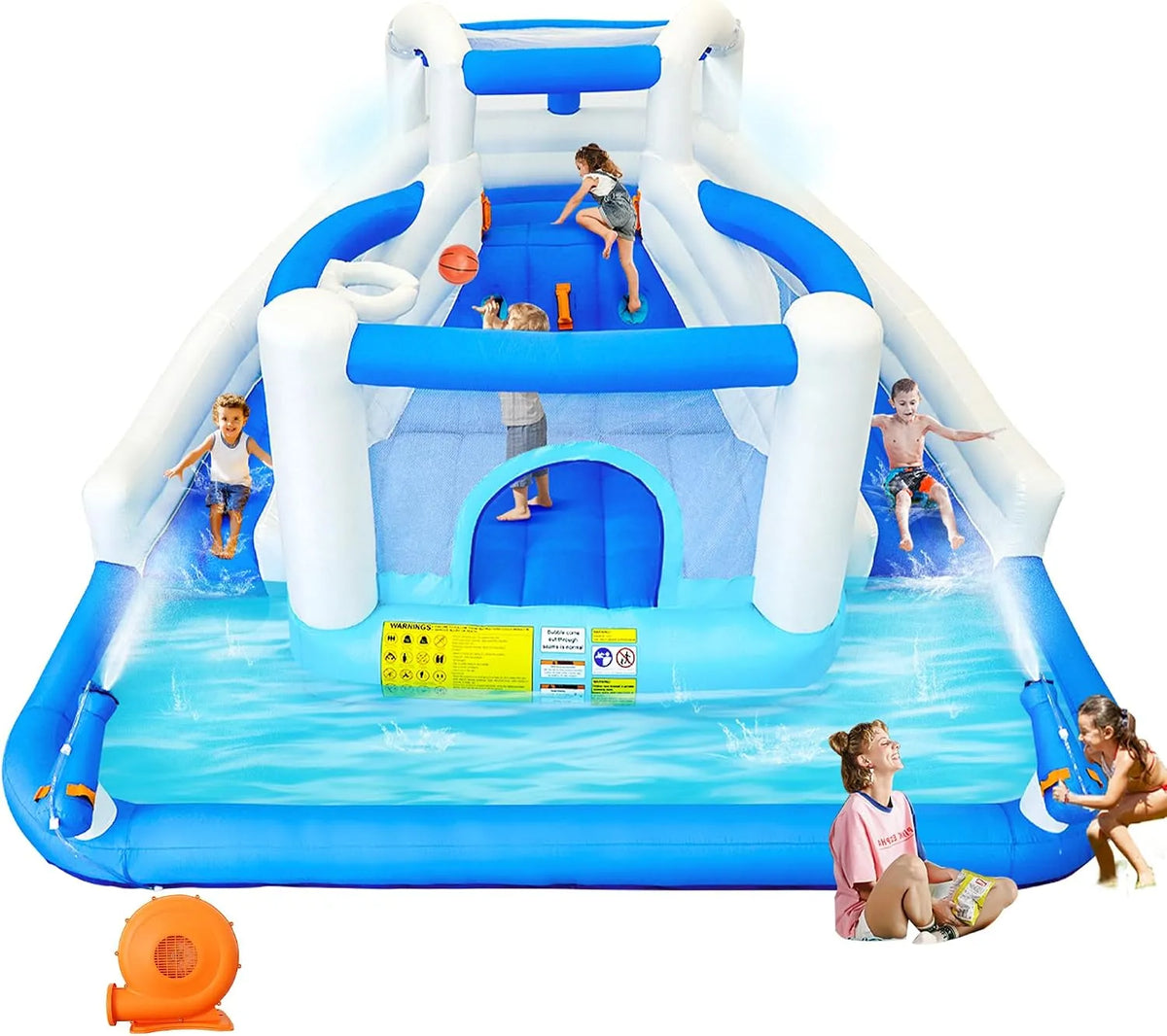Hüpfburg Aufblasbarer Wasserspielpark, mit Wasserrutsche Trampolin Basketballkorb und 2 Wasserpistolen Outdoor Hüpfburg für Kinder