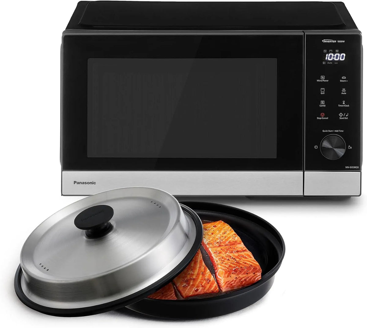 Panasonic Mikrowelle NN-GD38QSEPG, Leistung 1000 W, Kombinationsgaren, in Schwarz & Edelstahl, Fassungsvermögen 29L Grill mit Steam+ Pot, Timer