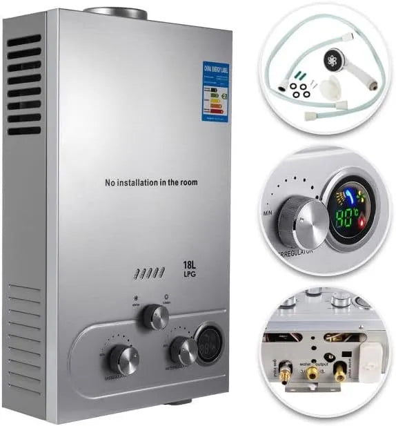 Warmwasserbereiter, Fassungsvermögen 18L, Gas Durchlauferhitzer 18L Gas 36KW Flüssiggas für Badezimmer LPG Tankless Instant Boiler Heißwasserbereiter